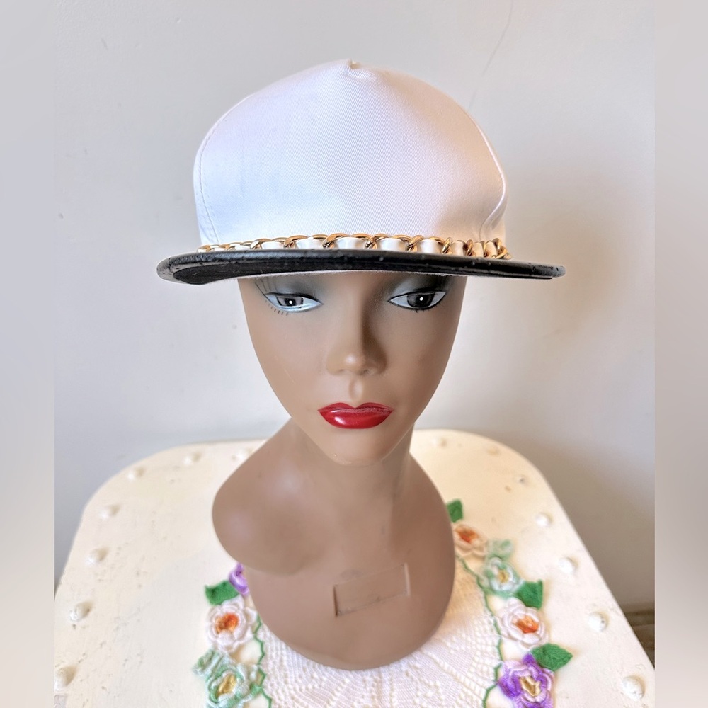 White Black Quilted Faux Leather Gold Chain Baseball Hat Cap Adjustable